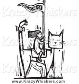 Critter Clipart of a Black and White Woodcut Girl Riding a Giant Cat by Xunantunich