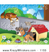 Critter Clipart of a Cat Sleeping on a Wall over a Dog by a House by Visekart