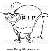 Critter Clipart of a Lineart Halloween Witch Cat by a Tombstone by Hit Toon