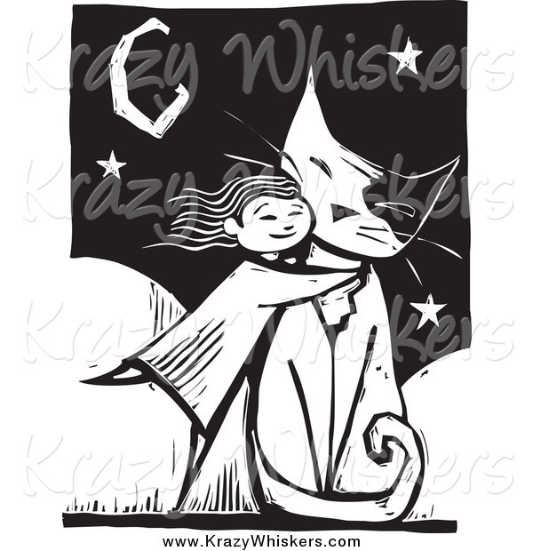 Critter Clipart of a Girl Hugging a Giant Cat, in Black and White Woodcut Style