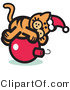 Critter Clipart of a Festive Orange Cat Wearing a Santa Hat and Lying on a Red Christmas Bauble Ornament by Andy Nortnik